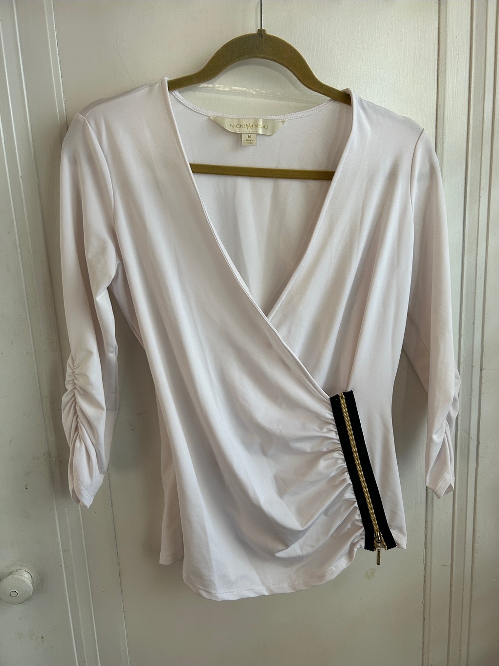 Nicki Minaj White Wrap-Front Blouse with Black Zip Accent